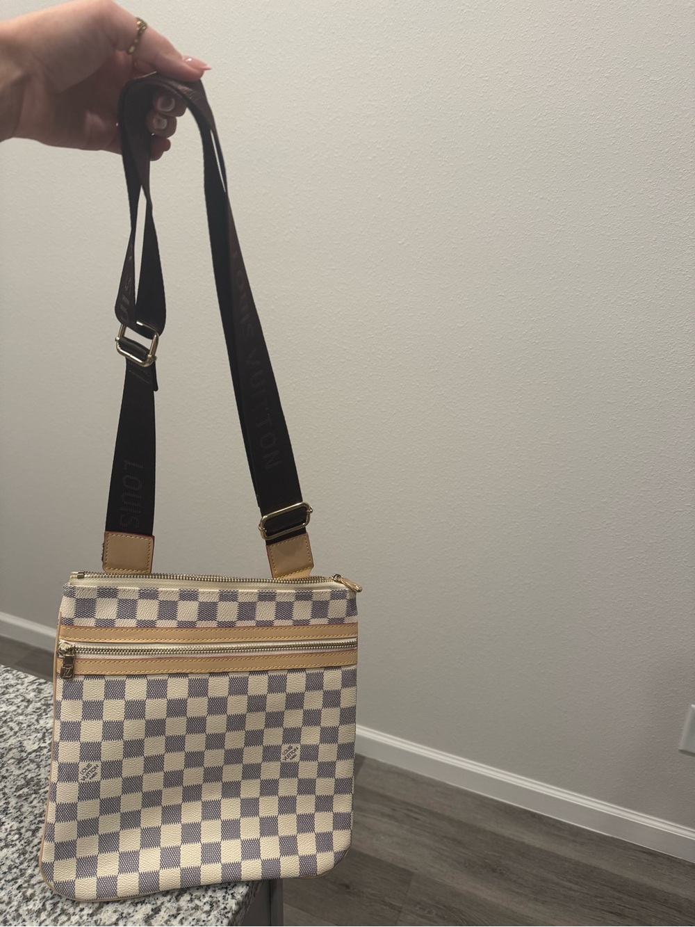 Designer-Style Cream Checkered Crossbody Bag with Black Strap